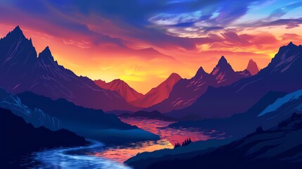 A stunning sunset over majestic mountains with a winding river and vibrant sky, showcasing nature's beauty in vivid colors.