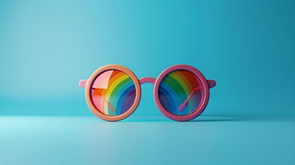 LGBT 3D Vibrant pink sunglasses with rainbow lenses on a blue background, symbolizing fun and colorful vision. Perfect for summer and stylish accessories.