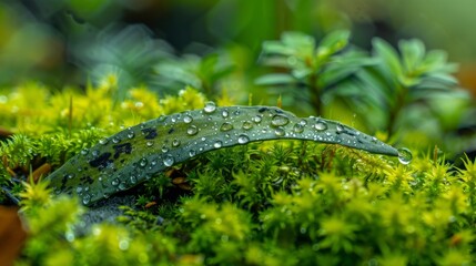 A leaf is covered in water droplets, giving it a fresh and vibrant appearance