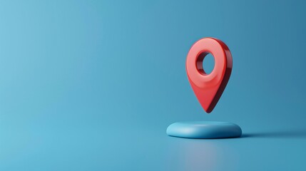 Minimalist 3D rendering of a red map pin floating above a blue platform on a light blue background, symbolizing location and navigation.
