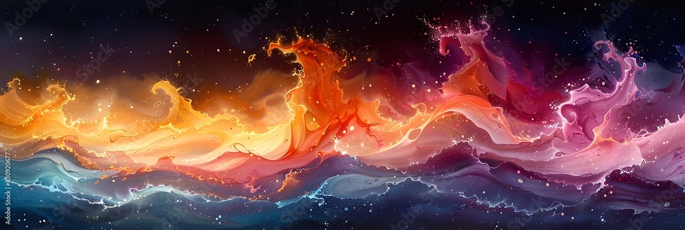 Poster cosmic eruption a fiery interstellar landscape of swirling nebulae and glowing celestial phenomena
