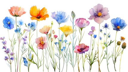 Fototapeta premium Colorful Wildflowers Blooming in Vibrant Natural Meadow or Garden Background
