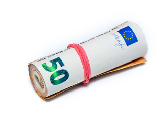 Concept of many euros: a pile of rolled 50-euro bills lying on a white background 1
