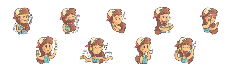 Cute Teenage Girl in Cap with Different Facial Expression Vector Set