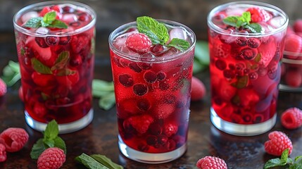 Three glasses of red drink with raspberries and mint