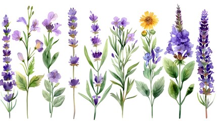 Obraz premium Enchanting Lavender Sprigs in Watercolor Painting on White Background