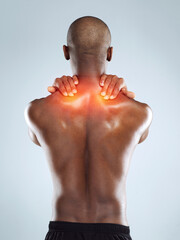 Back pain, stress or black man with injury, accident and physiotherapy on white studio background....