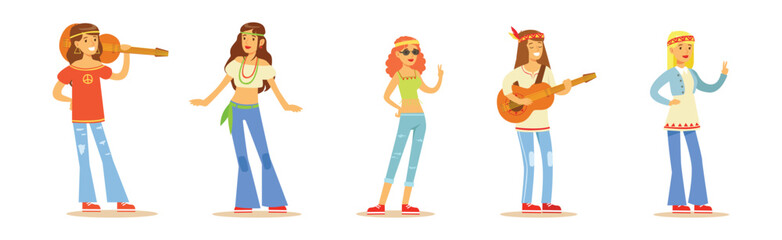 Woman Hippie Character Dressed In Classic Subculture Clothes Vector Set