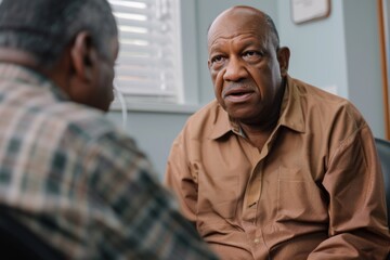An elder gentleman engages in a serious conversation, possibly discussing health or personal matters, with focus and concern