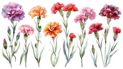 Fototapeta premium Vibrant and Delicate Watercolor Paintings of Lush Summer Flowers on White Background