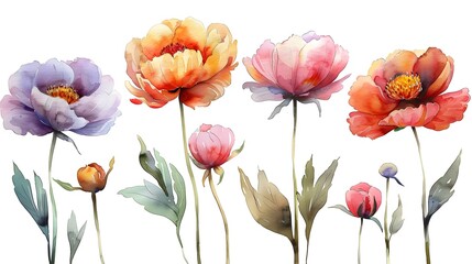 Vibrant and Delicate Watercolor Paintings of Summer Flowers in Bloom on a Pristine White Background