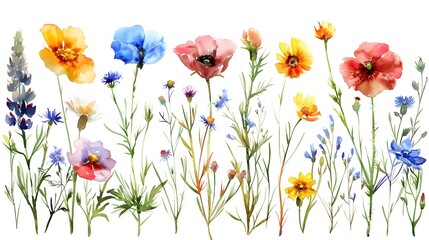 Fototapeta premium Vibrant and Delicate Watercolor Wildflowers Blooming in a Meadow