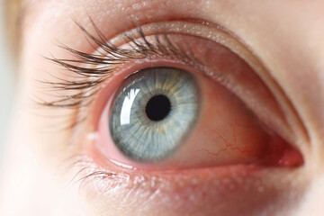 Woman with red eye suffering from conjunctivitis, closeup