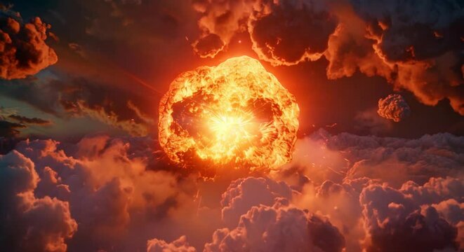 massive fireball exploding in the sky. The explosion is surrounded by clouds of dust and debris. The sky is dark and ominous.