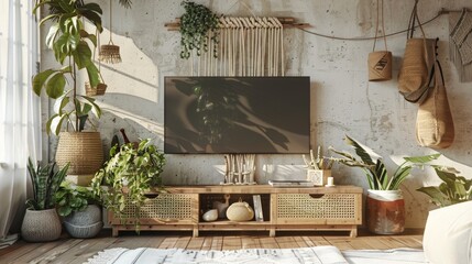 A living room with a large flat screen TV and a potted plant