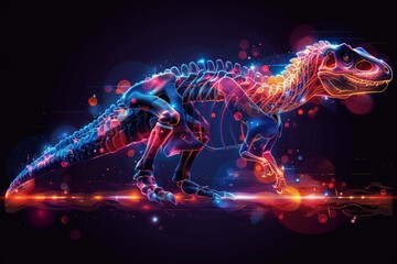 Radiant pink blue purple neon holograms depict skeletal dinosaur silhouettes, showcasing the fusion of technology and prehistoric imagery.