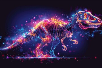 Radiant pink blue purple neon holograms depict skeletal dinosaur silhouettes, showcasing the fusion of technology and prehistoric imagery.