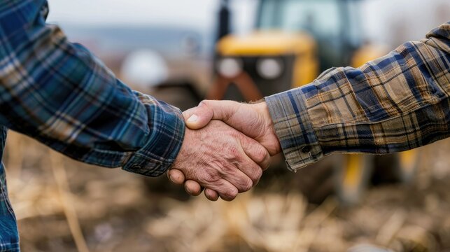 Mutual Agreement: Two Men Seal a Deal in Front of a Powerful Tractor - Powered by Adobe