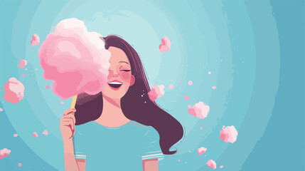 Happy young woman with cotton candy on blue background
