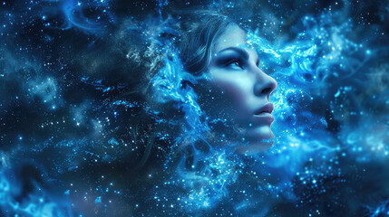 Woman in the image of a zodiac sign Aquarius on blurred background