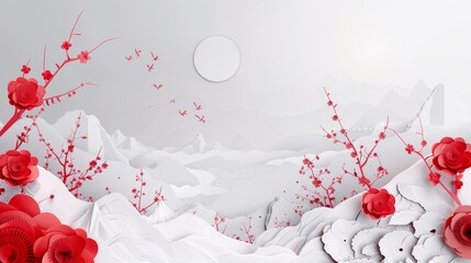 A mountain range with a red tree in the foreground