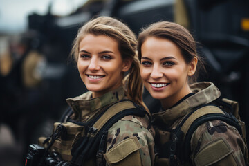 Fototapeta premium Two women in military uniform created with generative AI