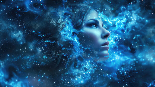 Woman in the image of a zodiac sign Aquarius on blurred background