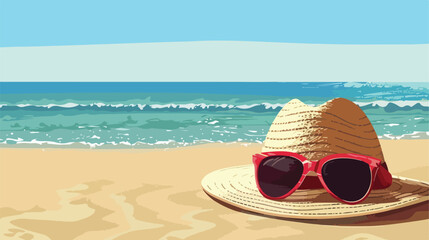 Hat with beautiful sunglasses on sand near sea closeu