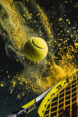 Macro detail of a yellow tennis ball hitting a racket, yellow powder, generated with AI