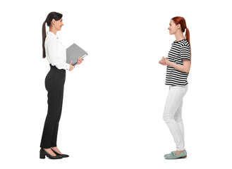 Dialogue. Two women talking on white background