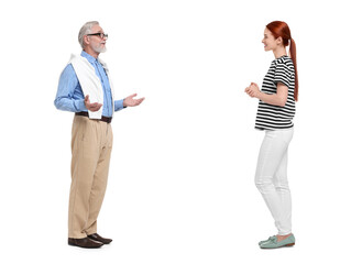 Young woman and senior man talking on white background. Dialogue