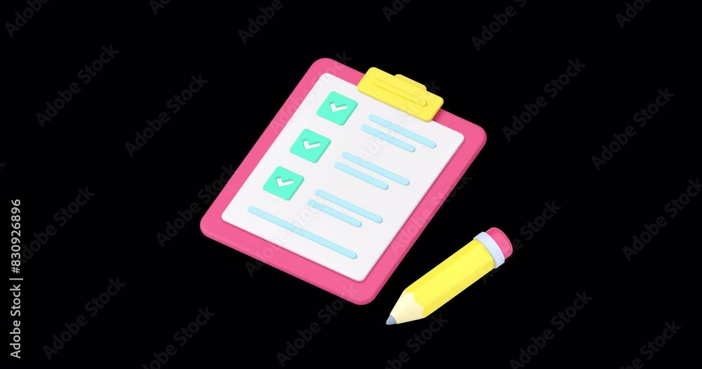 Poster to do list complete notes writing task checkmark done clipboard pencil 3d icon animation with alpha 