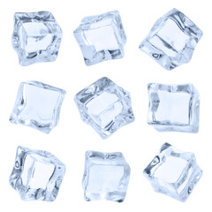 Crystal clear ice cubes isolated on white, set