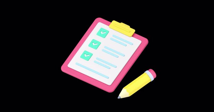To do list complete notes writing task checkmark done clipboard pencil 3d icon animation with alpha channel