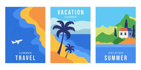Summer landscape card or poster, set with sunny beach view, sand, sea shore with blue wave and mountains, houses. Travel concept, holidays, vacation vector illustrations