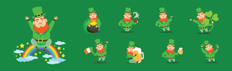 Green Leprechaun Character in Hat with Buckle Vector Set