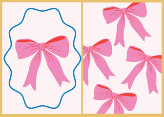 Cute Pink bow vector illustration, for t-shirt graphic, wall art, post cards, banners in Risograph style print effect.