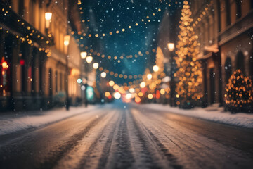 A mesmerizing scene captures the festive ambiance of a snowfall-laden city street, adorned with twinkling Christmas lights and bustling shoppers in the background.