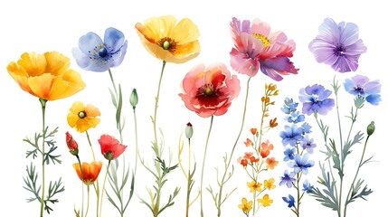 Vibrant Floral Collage with Watercolor Style Blooms in Lush Meadow Setting