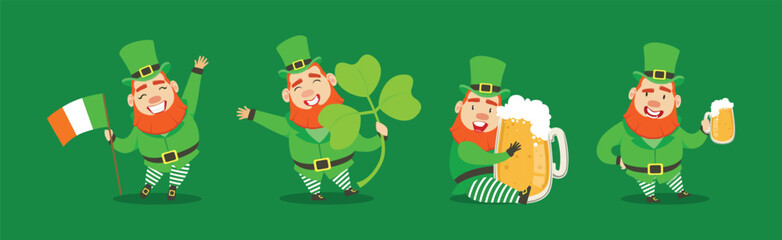 Green Leprechaun Character in Hat with Buckle Vector Set