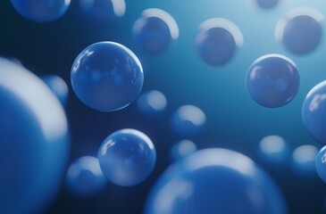 Representación 3D de suaves esferas azules flotando en el aire sobre un fondo azul oscuro, con un estilo simple y minimalista.