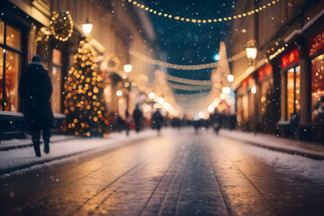 A mesmerizing scene captures the festive ambiance of a snowfall-laden city street, adorned with twinkling Christmas lights and bustling shoppers in the background.