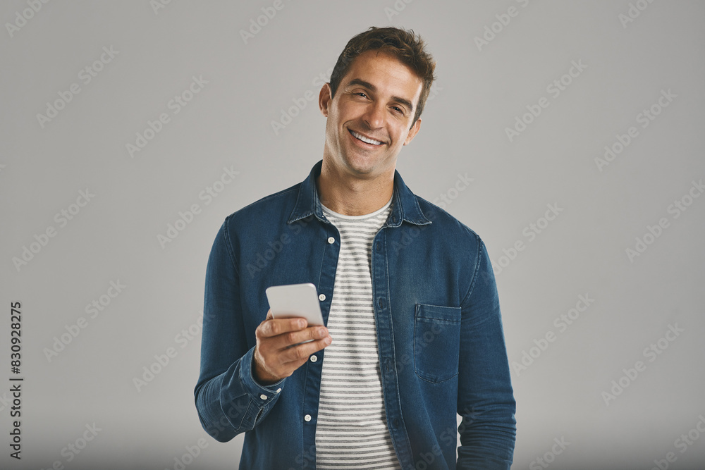 Poster studio, man and portrait with smartphone for laugh, funny news and comedy with contact by mockup. cr