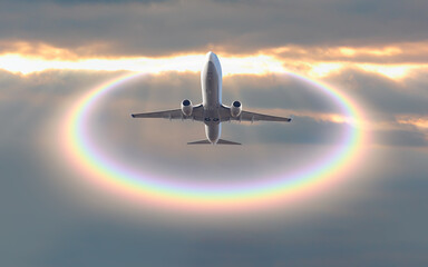 Airplane in the sky with amazing rounded rainbow (Halo) in the background stormy sky