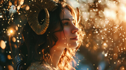 Woman in the image of a zodiac sign Capricorn on blurred background