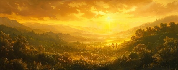 A serene landscape painting, executed in the classical realism tradition, depicting a golden sunset over a lush, verdant valley