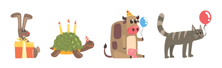 Happy Animal Character Celebrate Birthday Holiday Vector Set