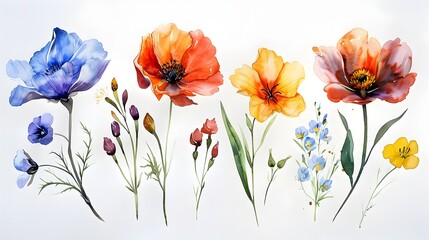Fototapeta premium Vibrant Watercolor Floral Arrangement of Colorful Blossoming Flowers in Springtime Garden Setting