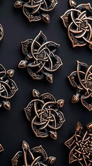 A series of Celtic triskeles and triquetras, each uniquely decorated with tiny knots and lines, set against a deep black background