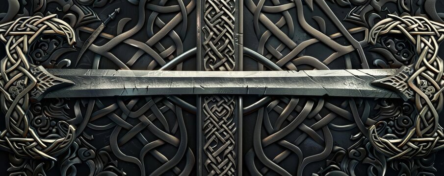 A series of Celtic warrior motifs, including swords and helmets, intricately designed with knotwork and set against a black background